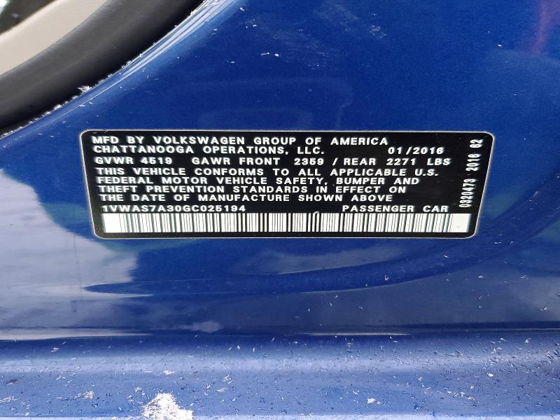 Продажа на аукционе авто 2016 Volkswagen Passat, vin: 1VWAS7A30GC025194, номер лота: 46382876