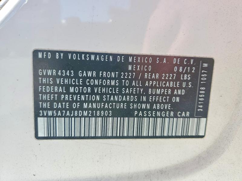 2013 Volkswagen Jetta მანქანა იყიდება აუქციონზე, vin: 3VW5A7AJ8DM218903, აუქციონის ნომერი: 46237356