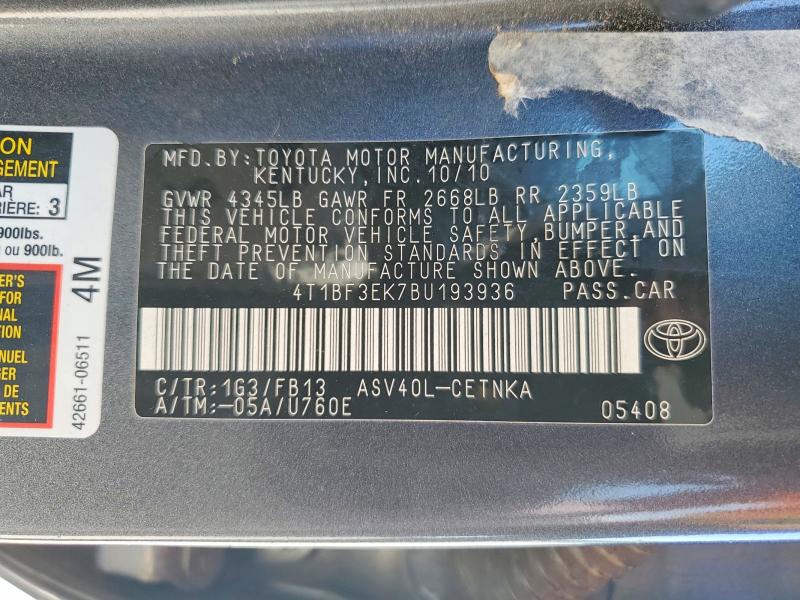 Aukcja sprzedaży 2011 Toyota Camry, vin: 4T1BF3EK7BU193936, numer aukcji: 45516286