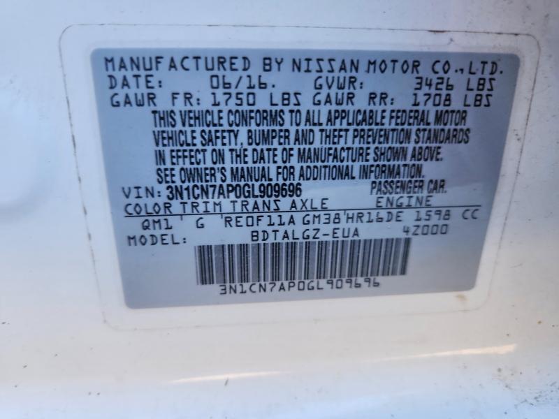 Продаж на аукціоні авто 2016 Nissan Versa, vin: 3N1CN7AP0GL909696, номер лоту: 46218426