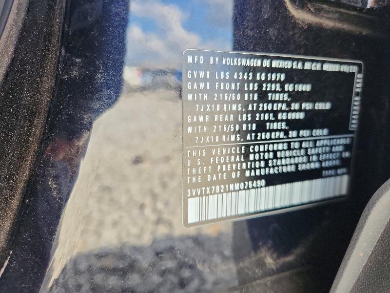 2022 Volkswagen Taos მანქანა იყიდება აუქციონზე, vin: 3VVTX7B21NM075490, აუქციონის ნომერი: 48179256