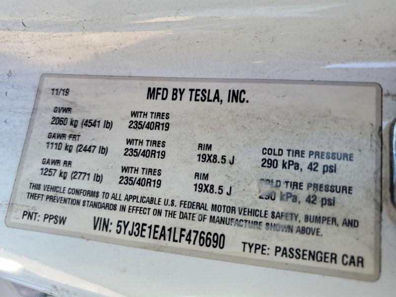 Продаж на аукціоні авто 2020 Tesla Model 3, vin: 5YJ3E1EA1LF476690, номер лоту: 41977486