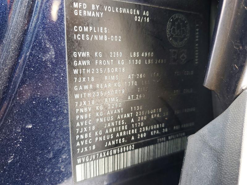 Aukcja sprzedaży 2016 Volkswagen Tiguan, vin: WVGJV7AX4GW589602, numer aukcji: 45754446