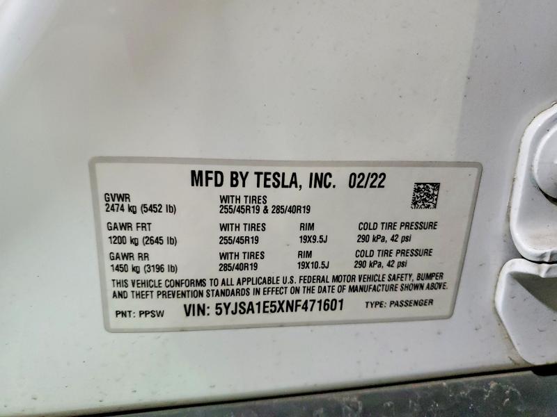 45813076 :رقم المزاد ، 5YJSA1E5XNF471601 vin ، 2022 Tesla Model S مزاد بيع