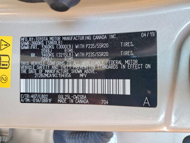 45868406 :رقم المزاد ، 2T2BZMCA1KC194956 vin ، 2019 Lexus Rx 350 مزاد بيع