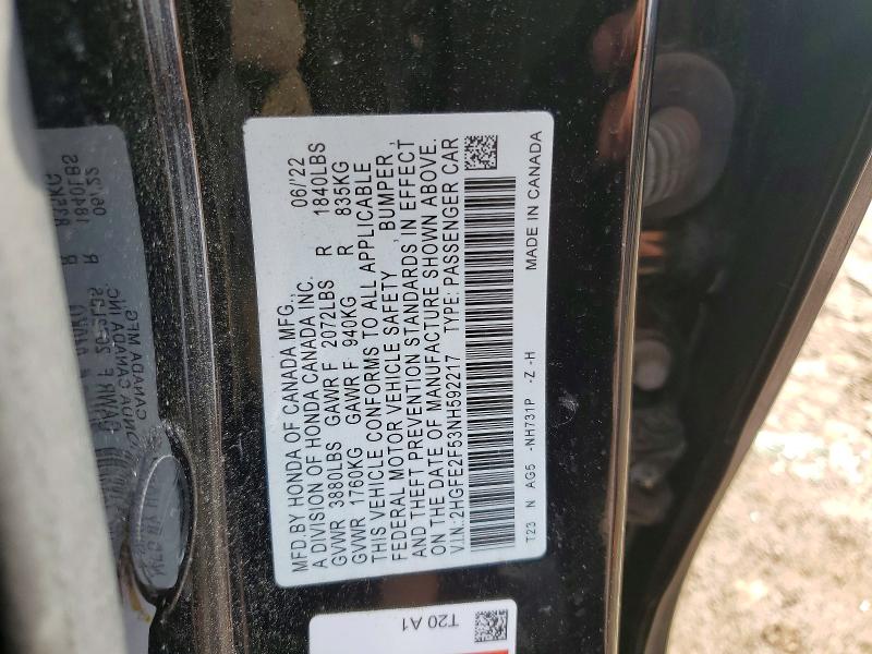Aukcja sprzedaży 2022 Honda Civic, vin: 2HGFE2F53NH592217, numer aukcji: 46761326
