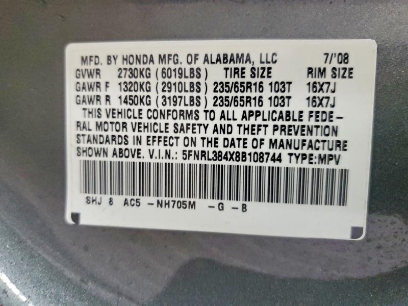 2008 Honda Odyssey მანქანა იყიდება აუქციონზე, vin: 5FNRL384X8B108744, აუქციონის ნომერი: 47923536