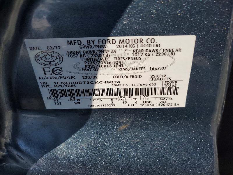 77499445 :رقم المزاد ، 1FMCU0D73CKC49874 vin ، 2012 Ford Escape مزاد بيع