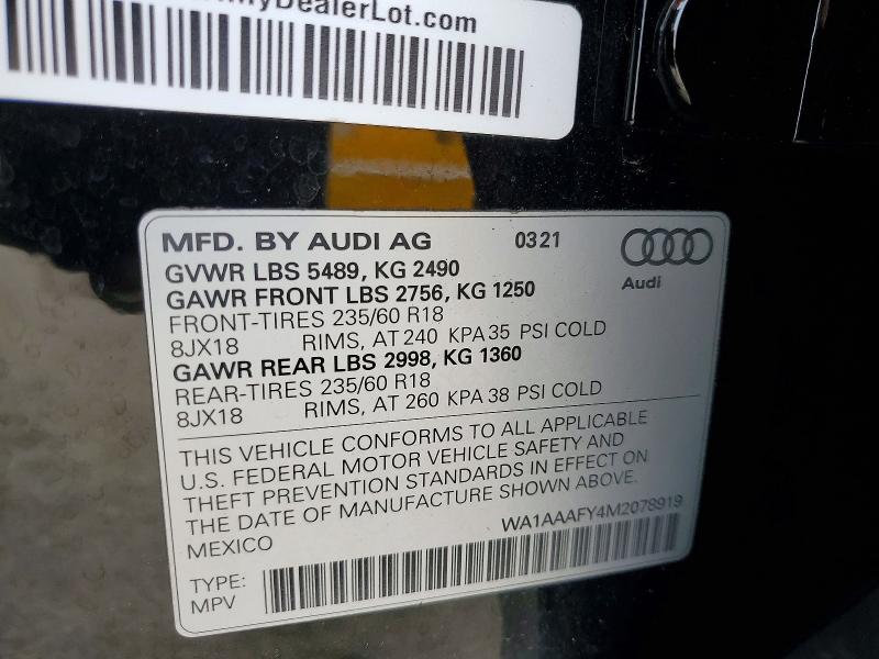 2021 Audi Q5 მანქანა იყიდება აუქციონზე, vin: WA1AAAFY4M2078919, აუქციონის ნომერი: 79564695