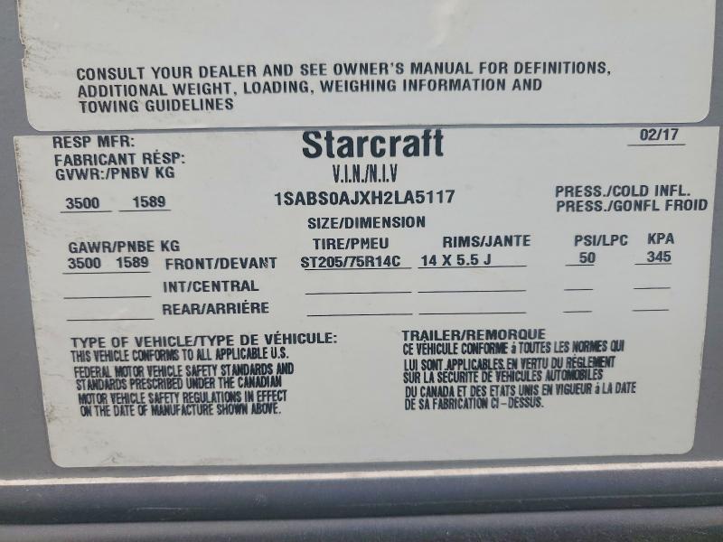 Aukcja sprzedaży 2017 Starcraft Autumn Ar Recreational Vehicle (rv), vin: 1SABS0AJXH2LA5117, numer aukcji: 41601106