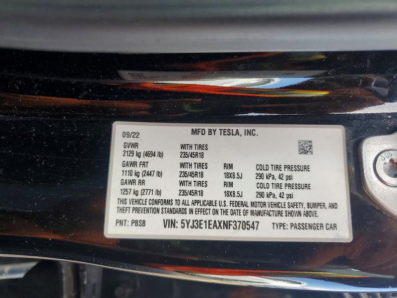 Aukcja sprzedaży 2022 Tesla Model 3, vin: 5YJ3E1EAXNF370547, numer aukcji: 42014796