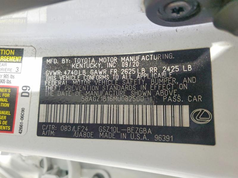 2021 Lexus Es 350 მანქანა იყიდება აუქციონზე, vin: 58AGZ1B16MU082500, აუქციონის ნომერი: 97243745