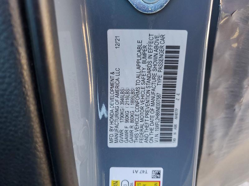 2022 Honda Civic მანქანა იყიდება აუქციონზე, vin: 19XFL2H86NE007587, აუქციონის ნომერი: 47172706