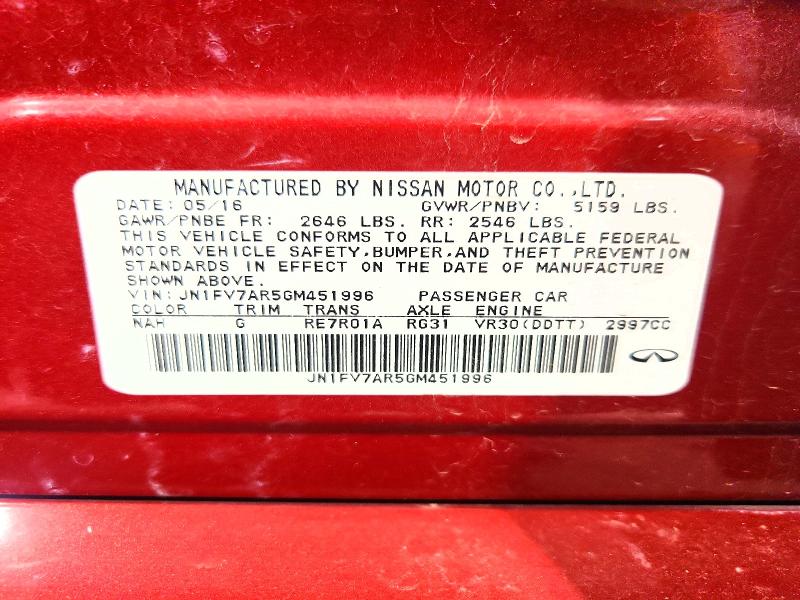 41961276 :رقم المزاد ، JN1FV7AR5GM451996 vin ، 2016 Infiniti Q50 مزاد بيع