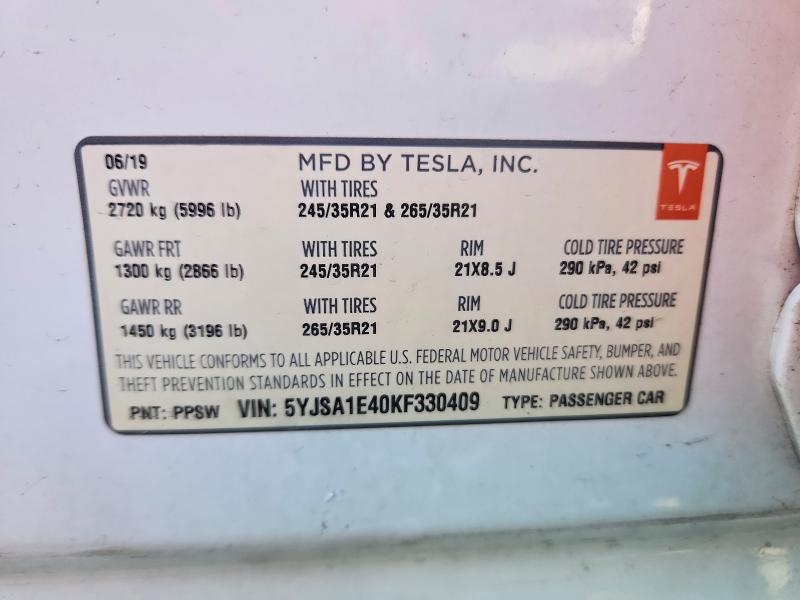 Aukcja sprzedaży 2019 Tesla Model S, vin: 5YJSA1E40KF330409, numer aukcji: 46671576