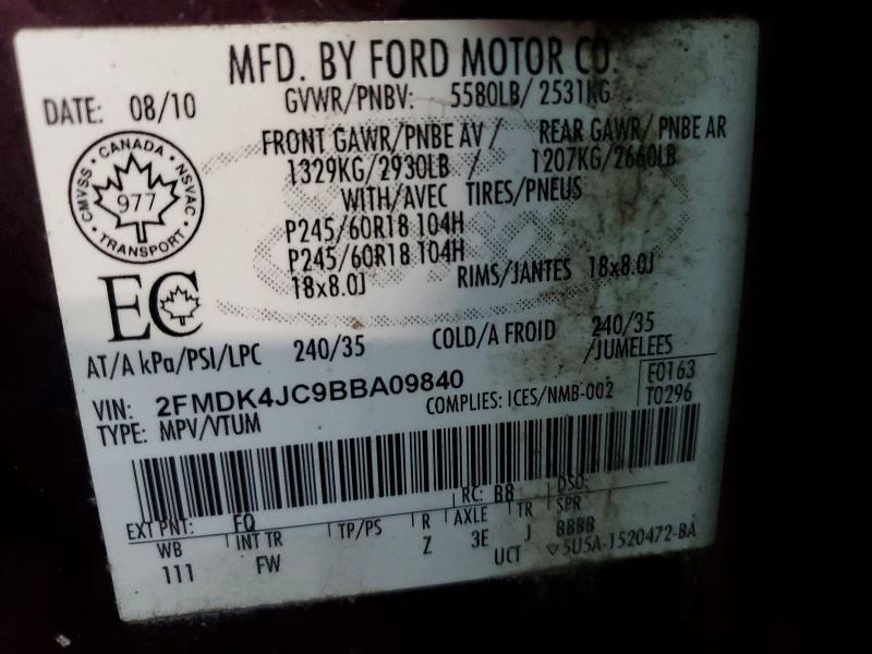 47412986 :رقم المزاد ، 2FMDK4JC9BBA09840 vin ، 2011 Ford Edge مزاد بيع