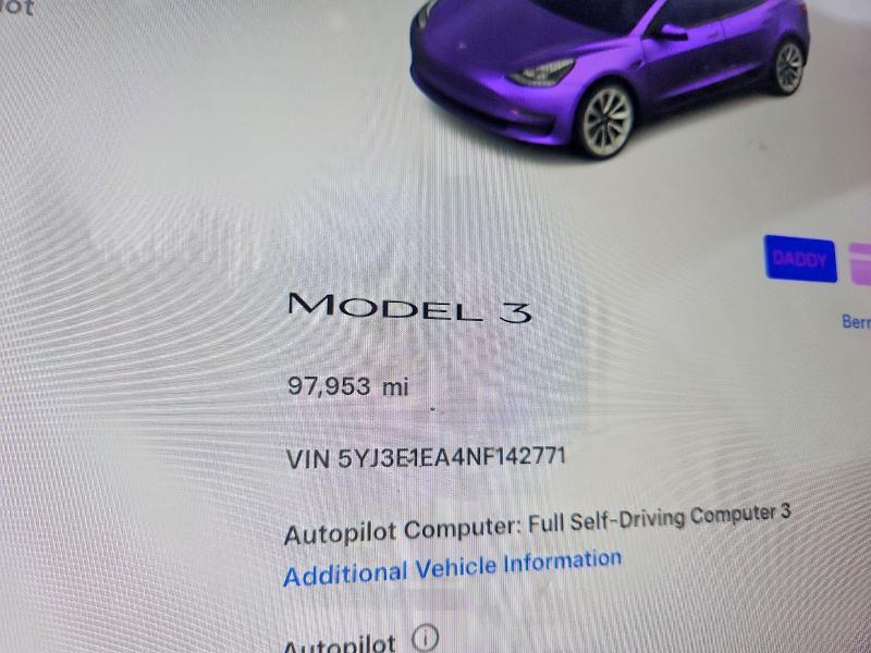 Aukcja sprzedaży 2022 Tesla Model 3, vin: 5YJ3E1EA4NF142771, numer aukcji: 79477095