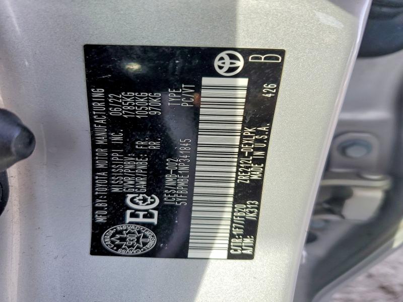 47433976 :رقم المزاد ، 5YFBPMBE1NP341845 vin ، 2022 Toyota Corolla مزاد بيع