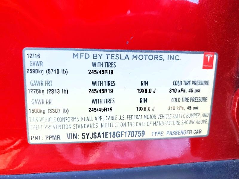 2016 Tesla Model S მანქანა იყიდება აუქციონზე, vin: 5YJSA1E18GF170759, აუქციონის ნომერი: 45564276