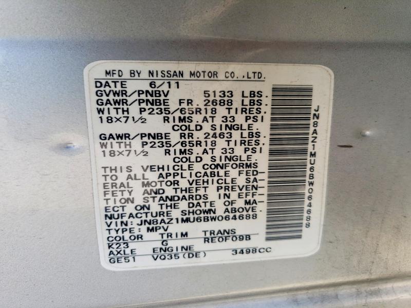 2011 Nissan Murano მანქანა იყიდება აუქციონზე, vin: JN8AZ1MU6BW064688, აუქციონის ნომერი: 47360476