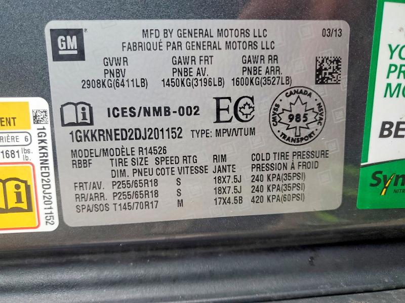 Aukcja sprzedaży 2013 Gmc Acadia, vin: 1GKKRNED2DJ201152, numer aukcji: 78065375