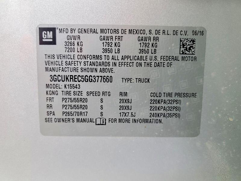 Продаж на аукціоні авто 2016 Chevrolet Silverado, vin: 3GCUKREC5GG377660, номер лоту: 46332686