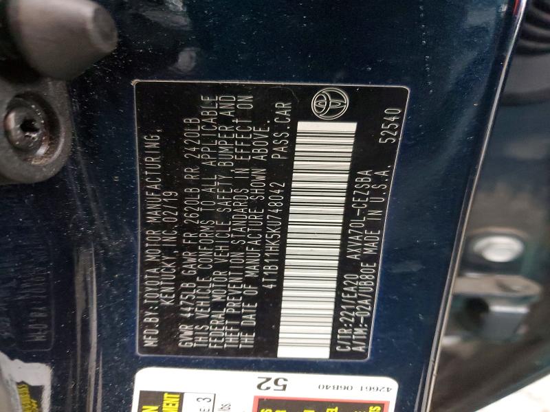 46319246 :رقم المزاد ، 4T1B11HK5KU748042 vin ، 2019 Toyota Camry مزاد بيع