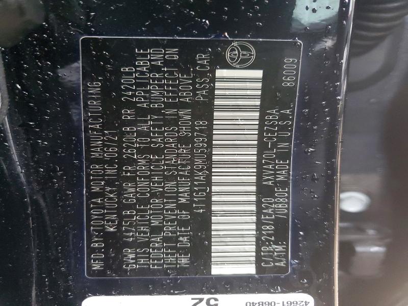 Aukcja sprzedaży 2021 Toyota Camry, vin: 4T1G11AK9MU599718, numer aukcji: 45607356