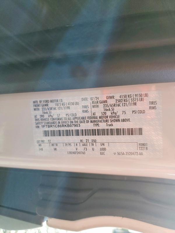2024 Ford Transit მანქანა იყიდება აუქციონზე, vin: 1FTBR1C86RKB07903, აუქციონის ნომერი: 47359786