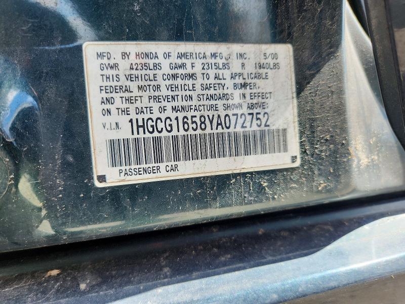 46483536 :رقم المزاد ، 1HGCG1658YA072752 vin ، 2000 Hond Accord مزاد بيع