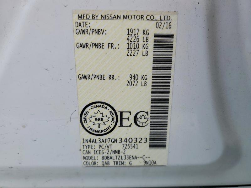 76234345 :رقم المزاد ، 1N4AL3AP7GN340323 vin ، 2016 Nissan Altima مزاد بيع