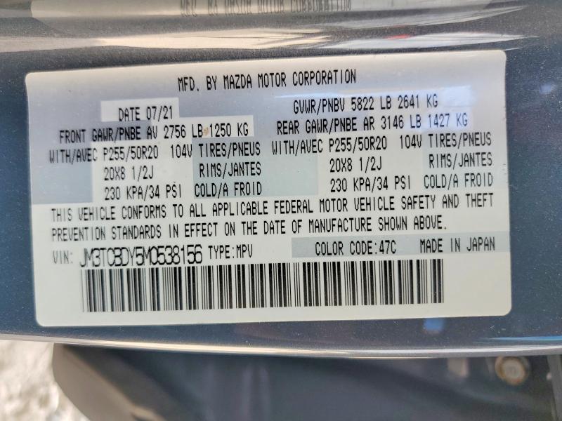Aukcja sprzedaży 2021 Mazda Cx-9, vin: JM3TCBDY5M0538156, numer aukcji: 47555886