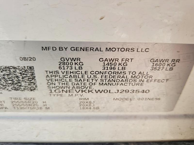 47094406 :رقم المزاد ، 1GNEVKKW0LJ293540 vin ، 2020 Chevrolet Traverse مزاد بيع