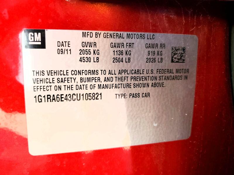 2012 Chevrolet Volt მანქანა იყიდება აუქციონზე, vin: 1G1RA6E43CU105821, აუქციონის ნომერი: 79436075