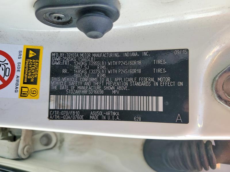 Продаж на аукціоні авто 2015 Toyota Highlander, vin: 5TDZARFH8FS016698, номер лоту: 45804776