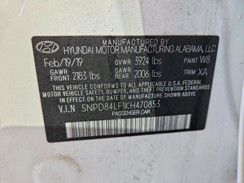 Продаж на аукціоні авто 2019 Hyundai Elantra, vin: 5NPD84LF1KH470853, номер лоту: 78895885