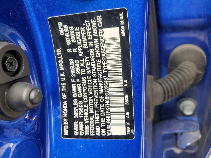 2019 Honda Civic მანქანა იყიდება აუქციონზე, vin: SHHFK7H68KU226487, აუქციონის ნომერი: 46741096