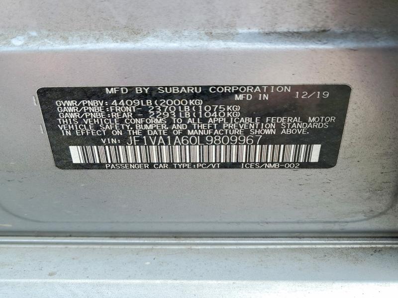 Продаж на аукціоні авто 2020 Subaru Wrx, vin: JF1VA1A60L9809967, номер лоту: 46384106