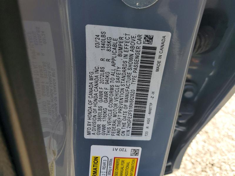 45491426 :رقم المزاد ، 2HGFE2F51RH562820 vin ، 2024 Honda Civic مزاد بيع