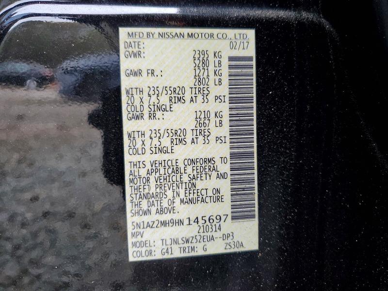 Aukcja sprzedaży 2017 Nissan Murano, vin: 5N1AZ2MH9HN145697, numer aukcji: 47271126