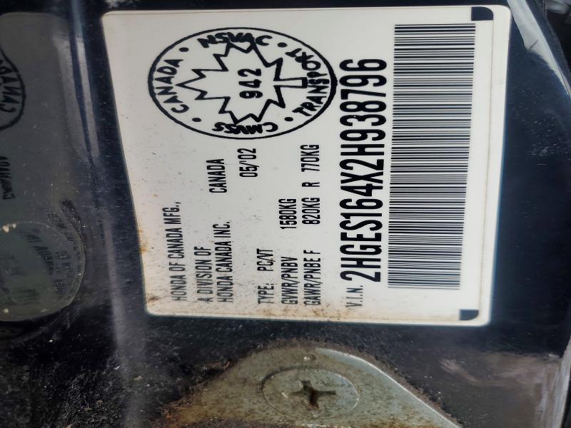 2002 Honda Civic მანქანა იყიდება აუქციონზე, vin: 2HGES164X2H938796, აუქციონის ნომერი: 45793956