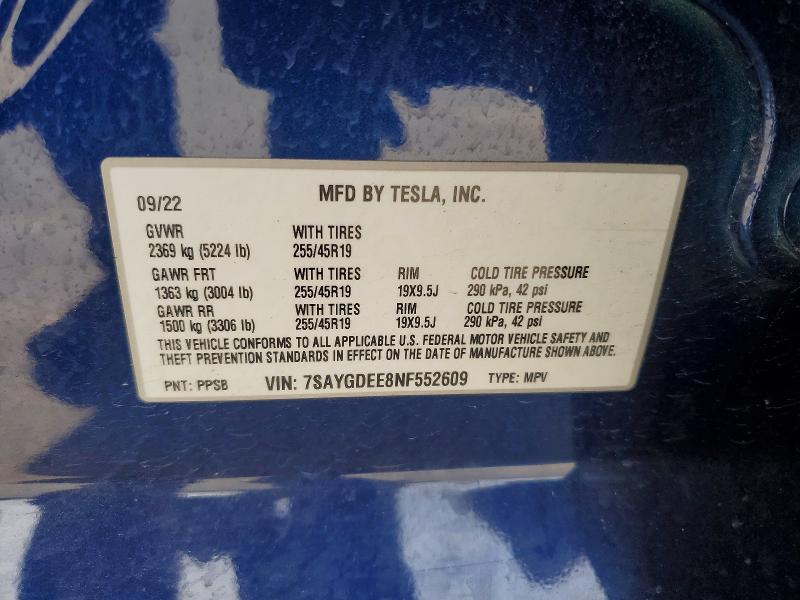 Продажа на аукционе авто 2022 Tesla Model Y, vin: 7SAYGDEE8NF552609, номер лота: 47831956