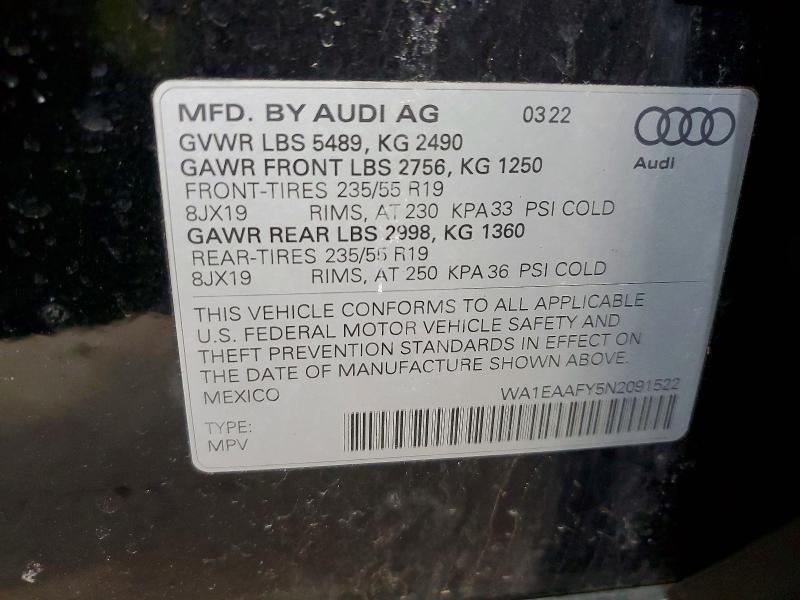 2022 Audi Q5 მანქანა იყიდება აუქციონზე, vin: WA1EAAFY5N2091522, აუქციონის ნომერი: 47580556