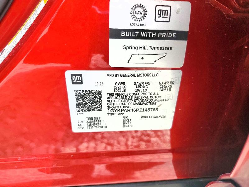 2023 Cadillac Xt6 მანქანა იყიდება აუქციონზე, vin: 1GYKPAR46PZ145768, აუქციონის ნომერი: 45766006