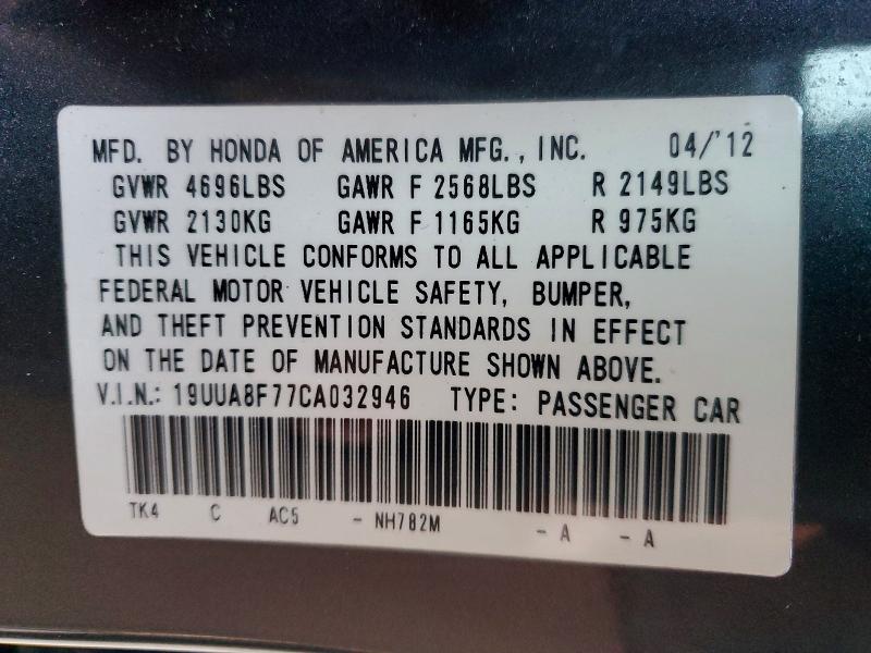Auction sale of the 2012 Acura Tl, vin: 19UUA8F77CA032946, lot number: 45567706