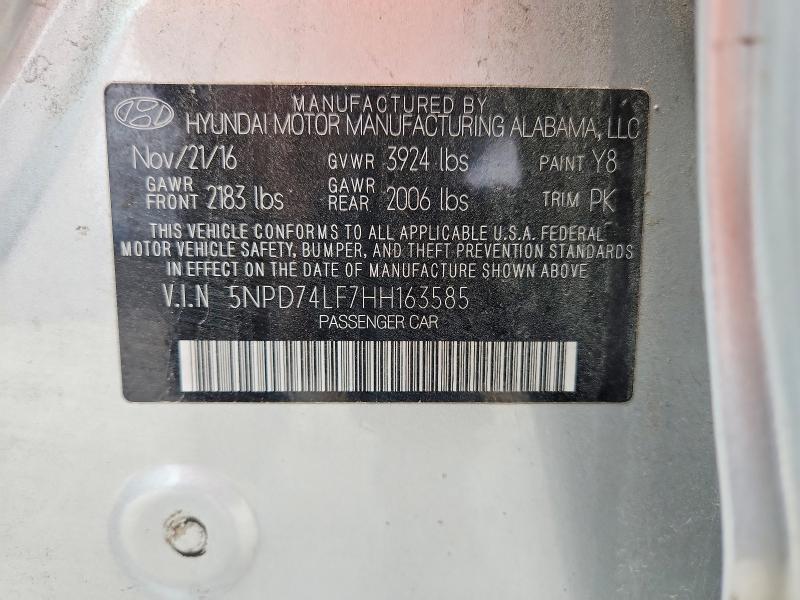 2017 Hyundai Elantra მანქანა იყიდება აუქციონზე, vin: 5NPD74LF7HH163585, აუქციონის ნომერი: 47809986