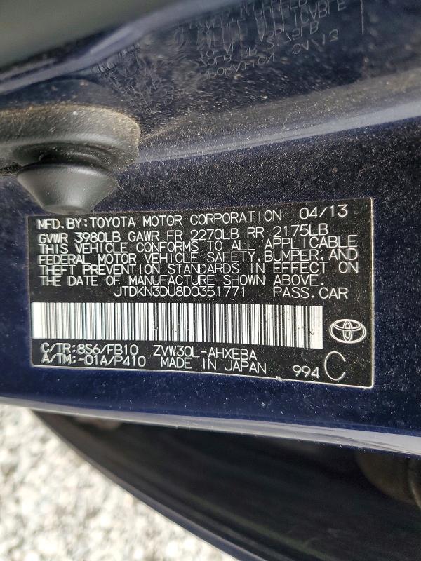 Aukcja sprzedaży 2013 Toyota Prius, vin: JTDKN3DU8D0351771, numer aukcji: 47169006