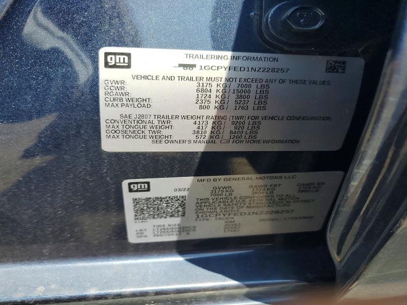 Aukcja sprzedaży 2022 Chevrolet Silverado Ltd, vin: 1GCPYFED1NZ228257, numer aukcji: 45682726