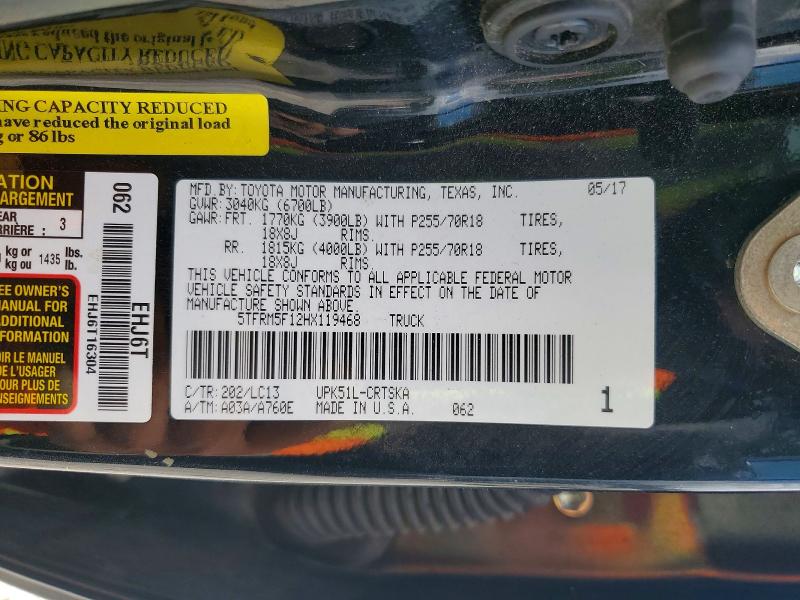 79722175 :رقم المزاد ، 5TFRM5F12HX119468 vin ، 2017 Toyota Tundra مزاد بيع