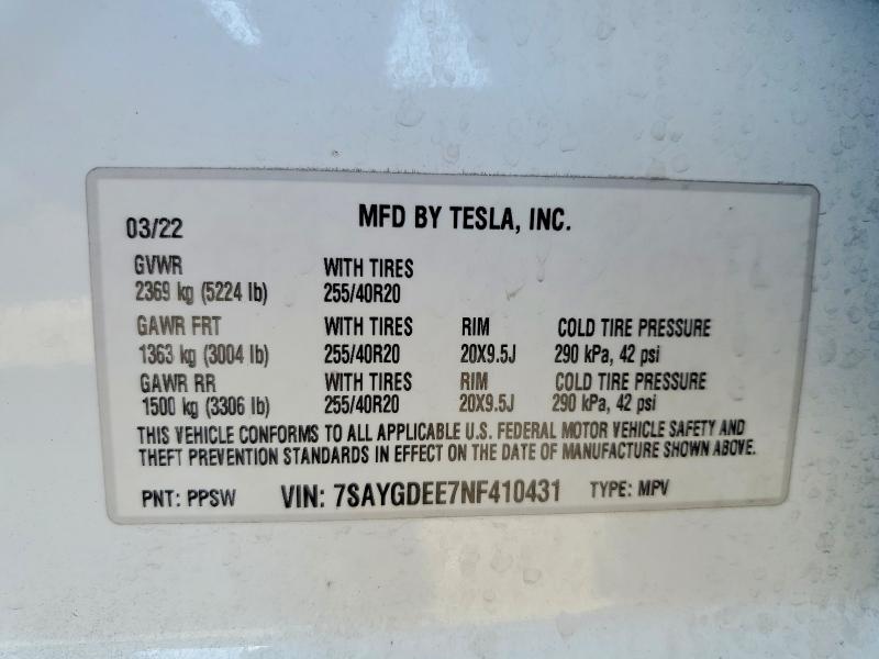 Продажа на аукционе авто 2022 Tesla Model Y, vin: 7SAYGDEE7NF410431, номер лота: 47408416